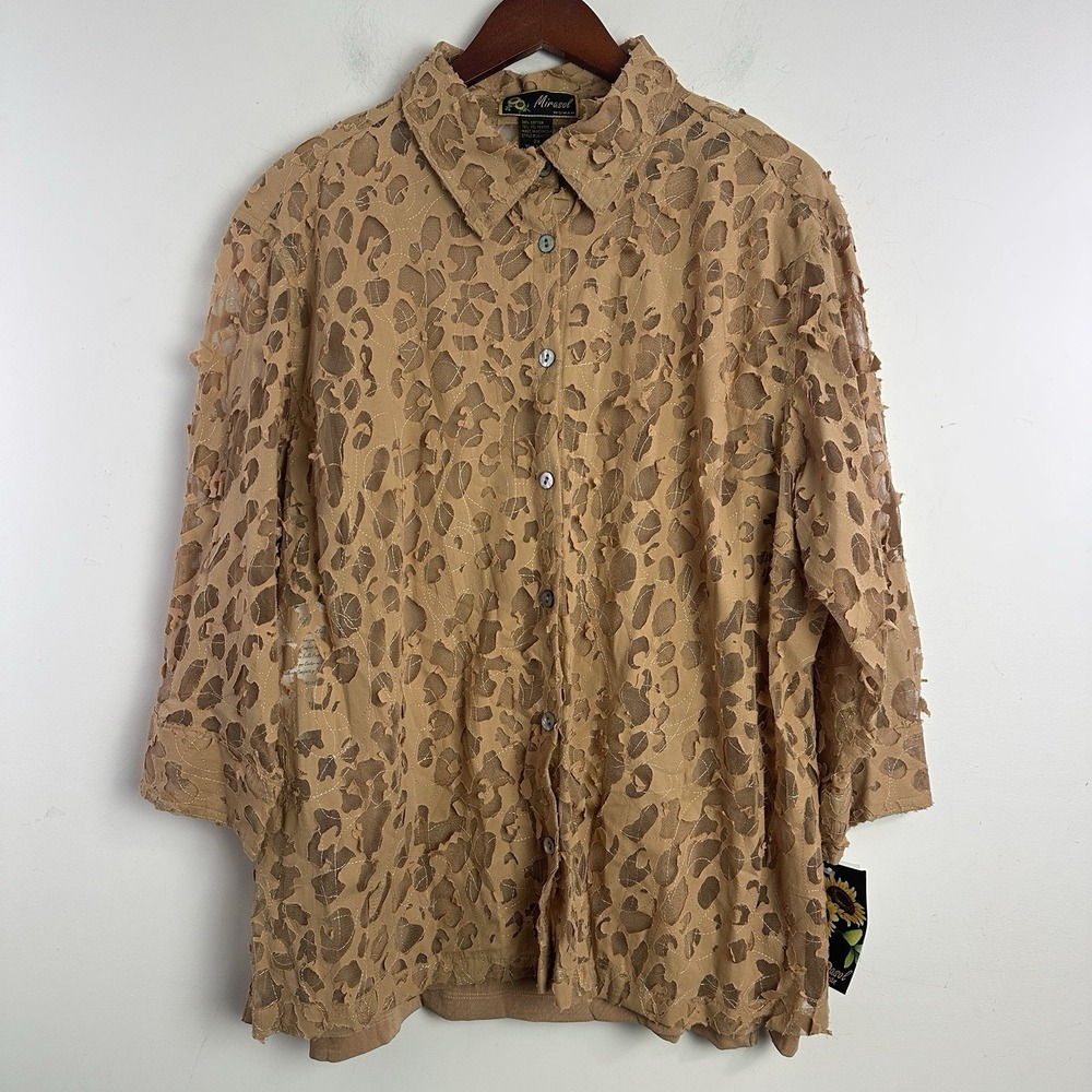 Mirasol Womens Sheer Button Up Shirt Tank Top Size 2X Cotton Tan Artsy New